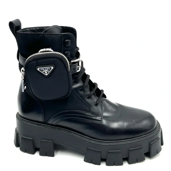 PRADA Monolith Leather Nylon Lug-Sole Combat Boots